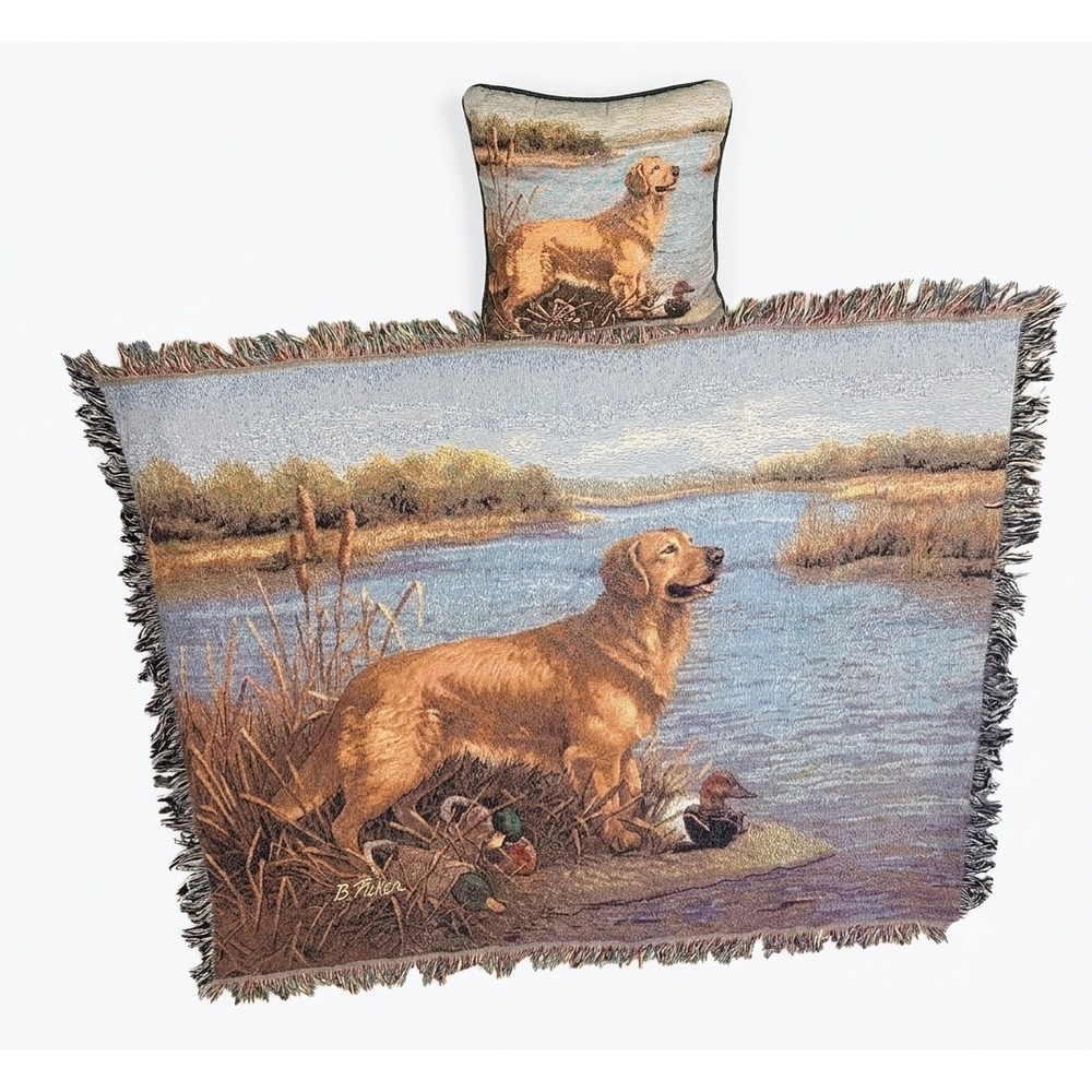 Linda Picken Golden Retriever Tapestry Throw Blanket and Pillow Set 50x60 Cotton